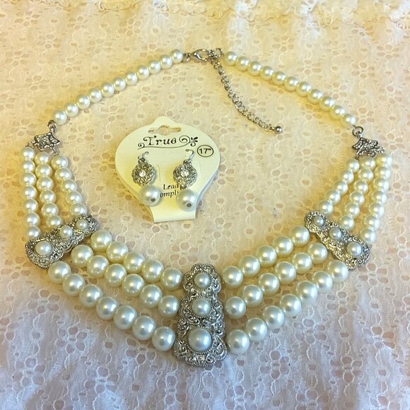 Vintage NEW True Pearl Silver Tone Floral Pendant Earrings VTG Pearl Necklace - Picture 1 of 8